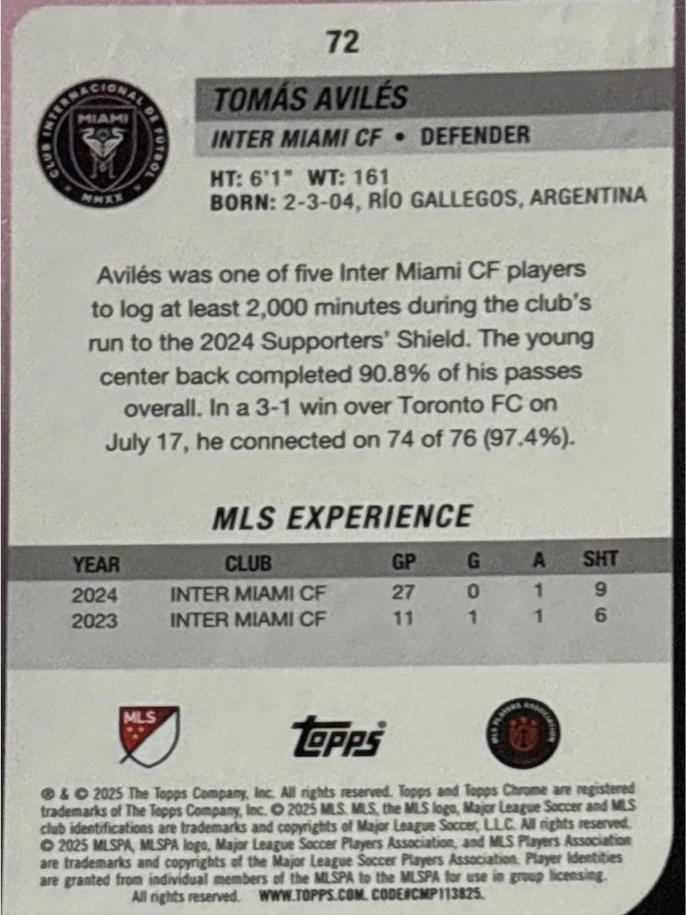 Topps Chrome Tomas Avilés  Miami CF Soccer Card